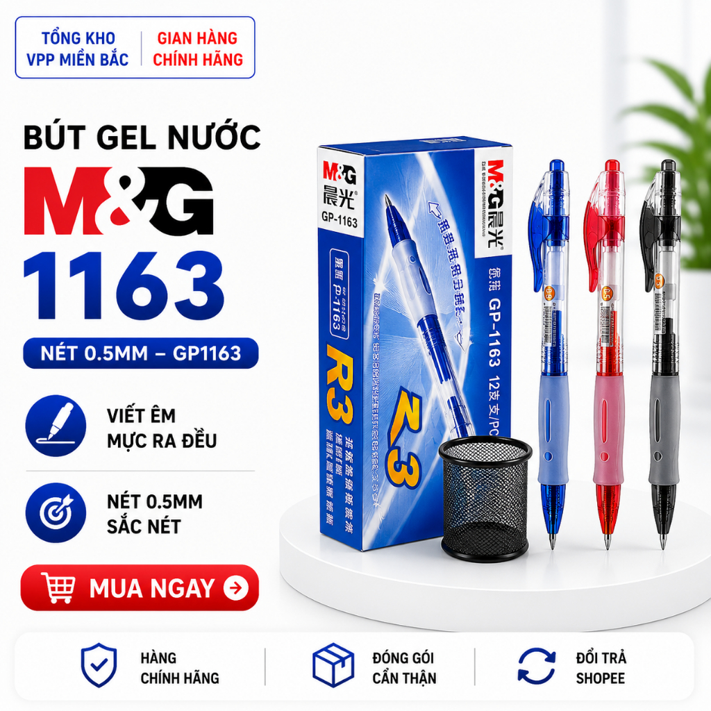 Bút gel nước M&G GP1163 nét 0.5mm I Bút béo 1163 luyện viết chữ Hán tiếng Trung có ruột G5 thay thế