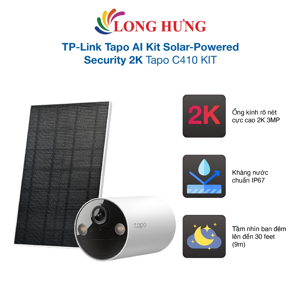 Camera an ninh năng lượng mặt trời TP-Link Tapo AI Kit Solar-Powered Security 2K Tapo C410 KIT - Hàn