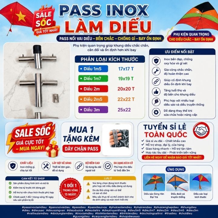 Pass Diều Pass Inox Làm Diều cho Diều Lắp Ghép Song Vân, Đuôi Cá, Đại Trà Diều sáo 1m đến diều sáo 3