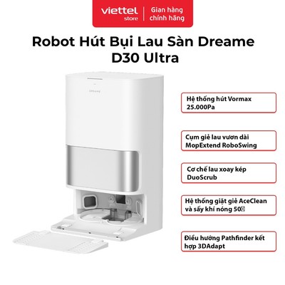 Máy Robot Hút Bụi Lau Nhà Thông Minh Dreame D30 Ultra| Lực Hút 25000Pa| Sấy Khô Giẻ Lau Khí Nóng 50℃