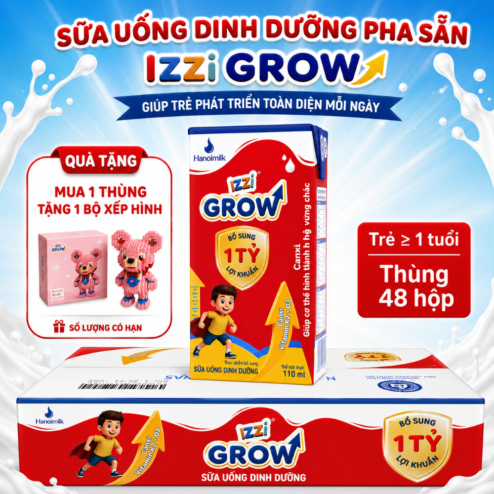 [TẶNG ĐỒ CHƠI] Sữa Bột Pha Sẵn IZZI GROW Bổ Sung Lợi Khuẩn Postbiotic Canxi Thùng 48 Hộp 110ml