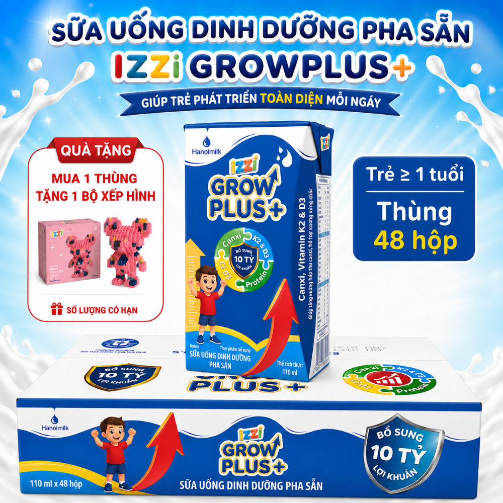[TẠM HẾT] Sữa Công Thức Pha Sẵn IZZI GROWPLUS Cho Bé Bổ Sung Lợi Khuẩn Thùng 48 Hộp 110ml