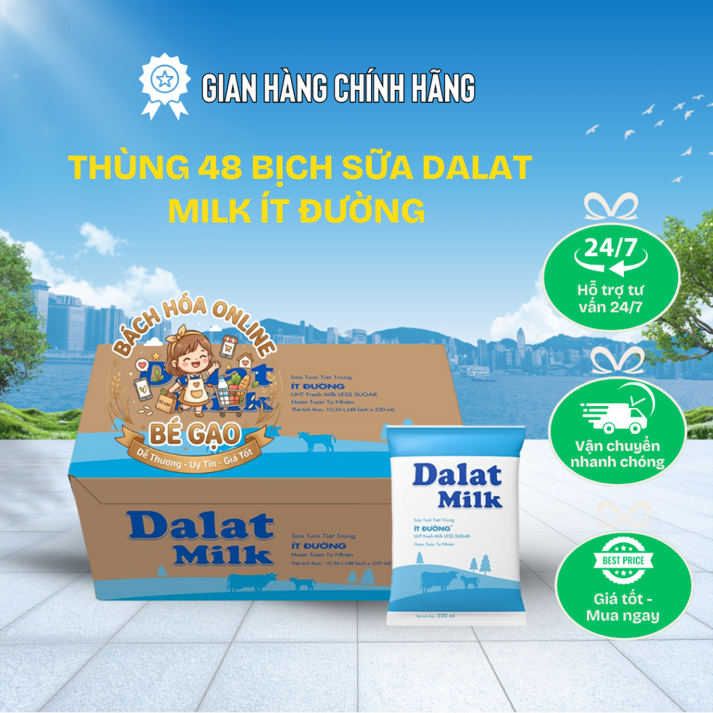Thùng 48 Bịch Sữa Tươi DALAT MILK Ít Đường 220ml