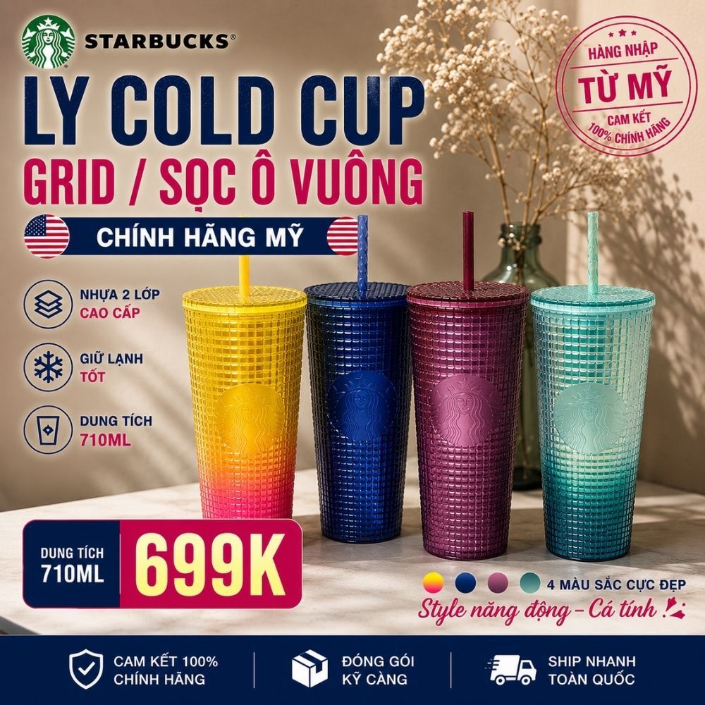 Ly Starbucks Grid Tumbler 710ml Chính Hãng Mỹ – Ly Starbucks Ô Vuông Có Ống Hút