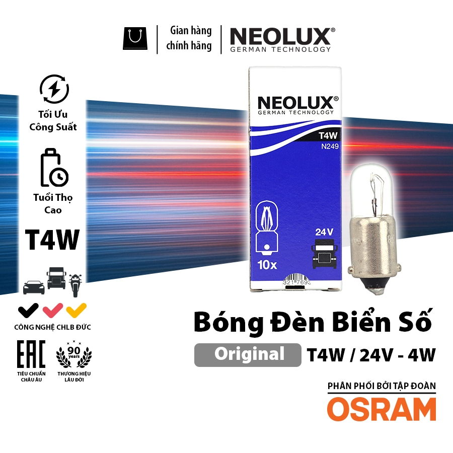 Combo 10 Bóng Đèn Xe Tải Soi Biển Số Chân Cài Halogen OSRAM NEOLUX Original T4W N249 24V 4W (BA9s)