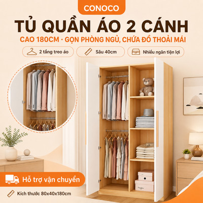 CONOCO Tủ quần áo 2 cánh 80cm ván dày có thanh treo gọn phòng ngủ nhỏ