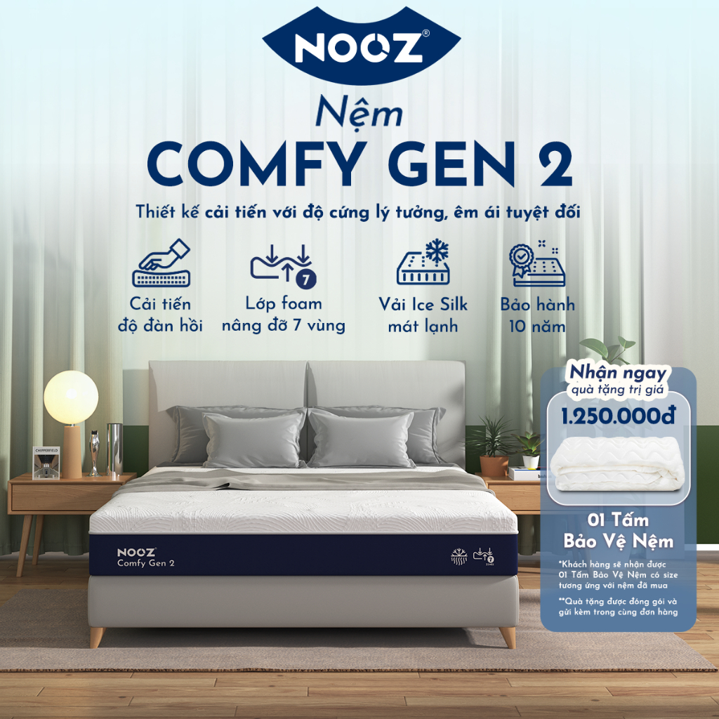 [Tặng Tấm Bảo Vệ Nệm] Nệm NOOZ Comfy Gen 2 Nệm Foam Cao Su Thiên Nhiên Với Base Foam 7 Vùng Nâng Đỡ