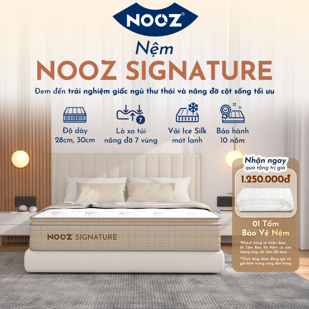 [Tặng Tấm Bảo Vệ Nệm] Nệm Foam NOOZ Signature Đệm Cao Su Thiên Nhiên Và Lò Xo Túi Nâng Đỡ 7 Vùng Cơ Thể NOOZ Home Goods