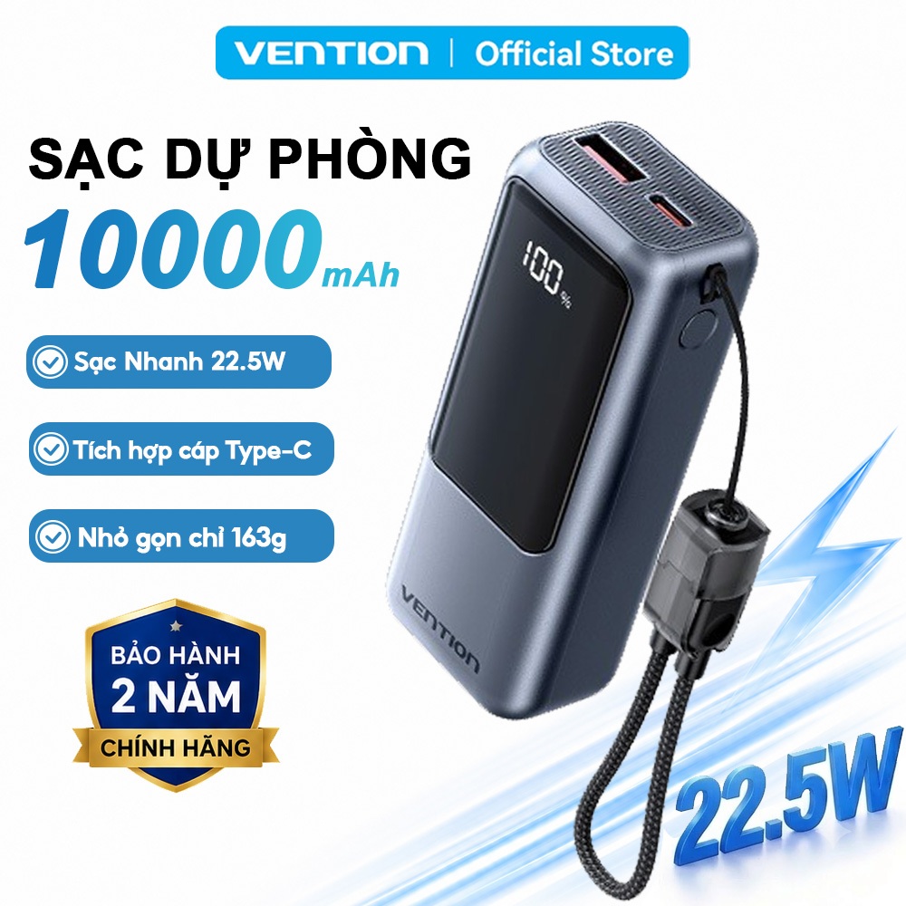 Pin Sạc Dự Phòng Mini 22.5W 10000mAh Vention Tích Hợp Dây Type C, Màn LED Hiển Thị,Hỗ Trợ Sạc Nhanh, Thiết Kế Nhỏ Gọn
