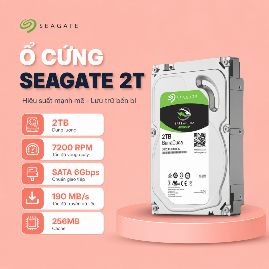 Ổ Cứng HDD Seagate BarraCuda 500GB/2TB 3.5 Inch SATA 6Gb/s 7200RPM Cache 256MB – Lưu trữ ổn định