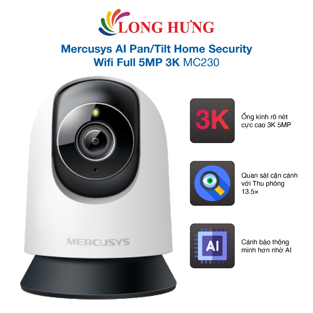 Camera trong nhà Mercusys AI Pan/Tilt Home Security Wifi Full 5MP 3K MC230 - Hàng chính hãng
