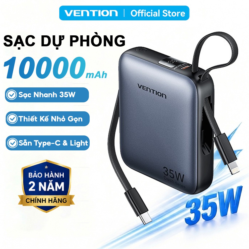 Sạc Dự Phòng 10000mAh 35W Vention Tích Hợp Cáp USB-C Và Light,Hỗ Trợ PD, Thiết Kế Nhỏ Gọn, Sạc Nhanh