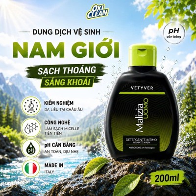 [MỞ BÁN] Dung Dịch Vệ Sinh Nam Malizia Uomo Detergente Intimo Làm Sạch Dịu Nhẹ, Khử Mùi, Cân Bằng pH 200ml
