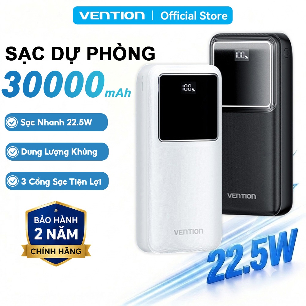 Pin Sạc Dự Phòng 30000mAh 22.5W Vention, 3 Cổng USB-A/USB-C/Micro, Sạc Nhanh PD3.0, Dung Lượng Lớn