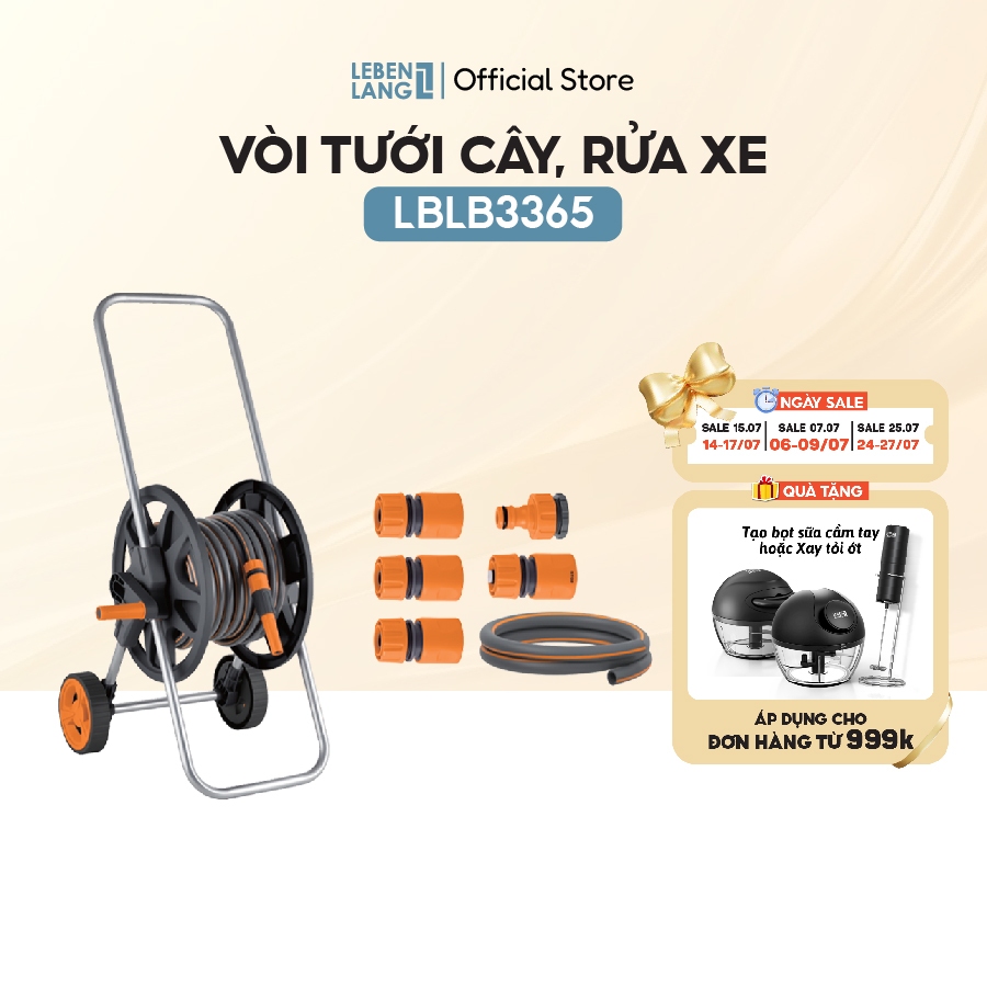 Bộ vòi nước tưới cây rửa xe đa năng Lebenlang LBLB3365 dây dài 30m, 1 đầu tưới, thiết kế xe đẩy