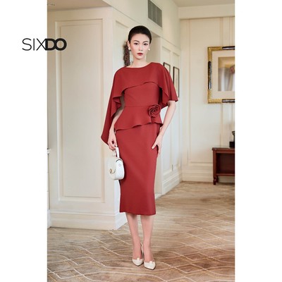 Đầm peplum nâu đỏ phối choàng vai SIXDO (Russet Woven Pencil Dress With Flower)