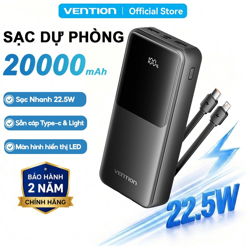 Pin Sạc Dự Phòng 22.5W 20000mAh Vention,Tích Hợp Cáp Type-C Và Light, Sạc Nhanh PD/QC, Màn Hình LED
