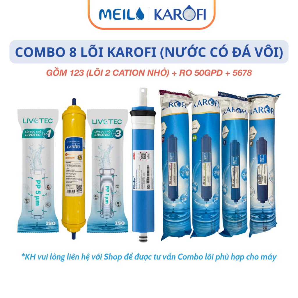 Combo 8 Lõi Lọc Nước Karofi Gồm Bộ Thô 123 (Lõi 2 Cation Nhỏ) + Màng RO Dupont 50GPD + 4 Lõi Chức Nă