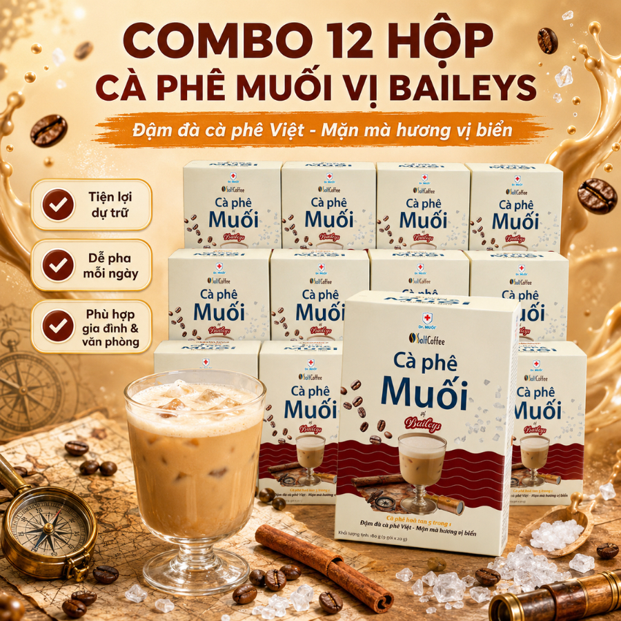 Combo 12 Hộp Cà Phê Muối Hòa Tan SaltCoffee Vị Baileys, cafe 5in1 với Hương vị Baileys Châu Âu - Dr 