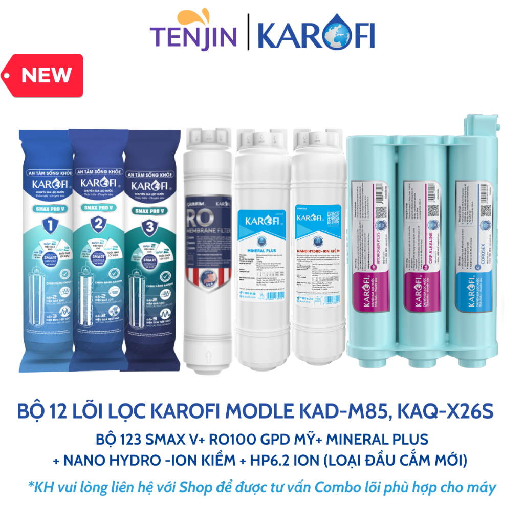 Combo 12 Lõi Lọc Nước Karofi Dùng Cho Model KAD-M85, KAQ-X26S Gồm 123 Smax V, RO mỹ, 8 Lõi Chức Năng