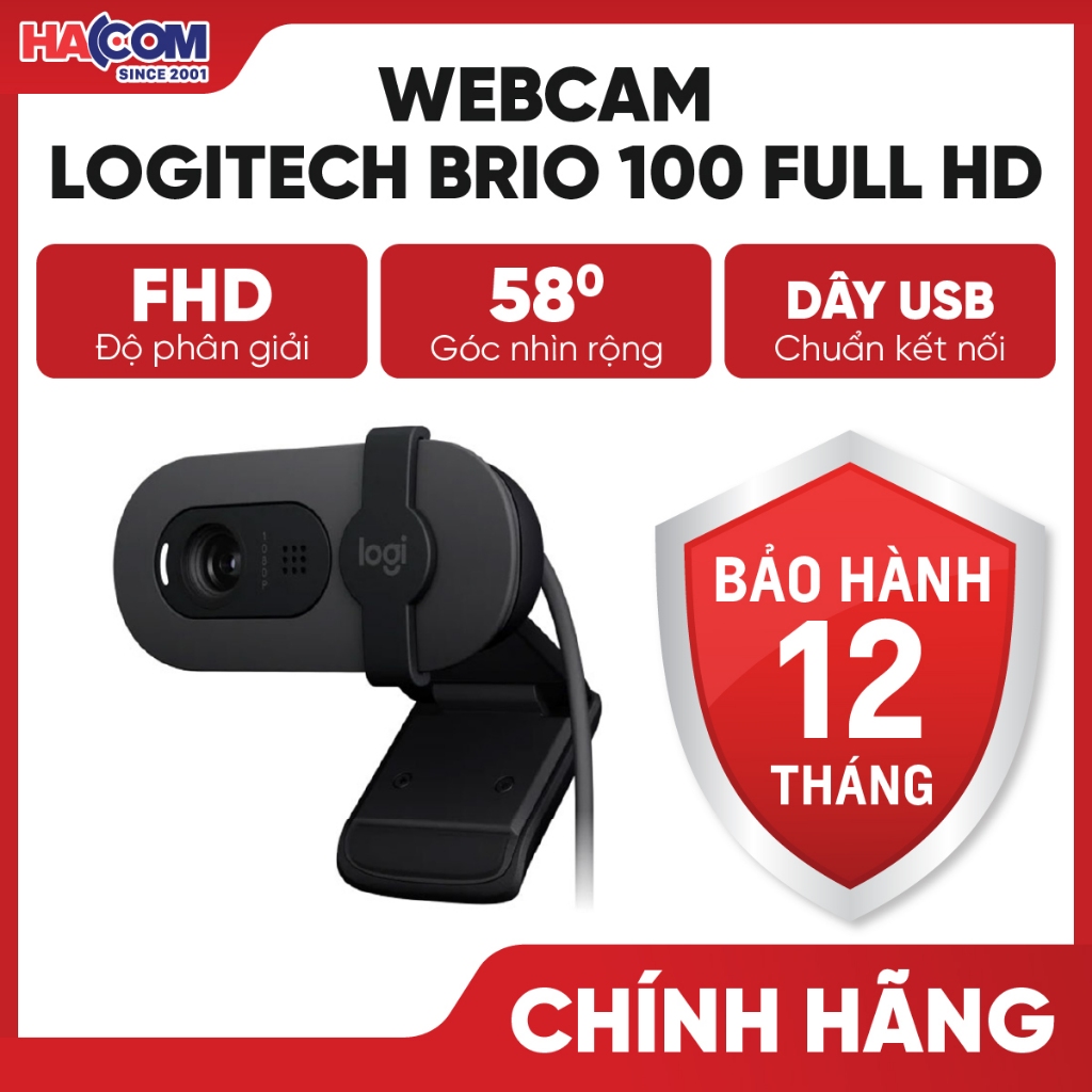 Webcam Full HD Logitech Brio 100 - Cân bằng ánh sáng, Mic, Màn chập, USB-A, Google Meet, Zoom HACOM 