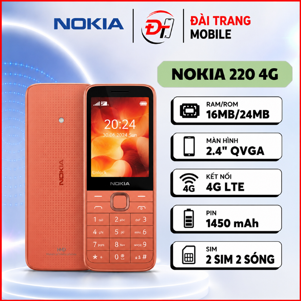 Điện thoại Nokia 220 4G 2 SIM bàn phím, nhỏ gọn, dễ sử dụng, nghe gọi rõ, pin trâu