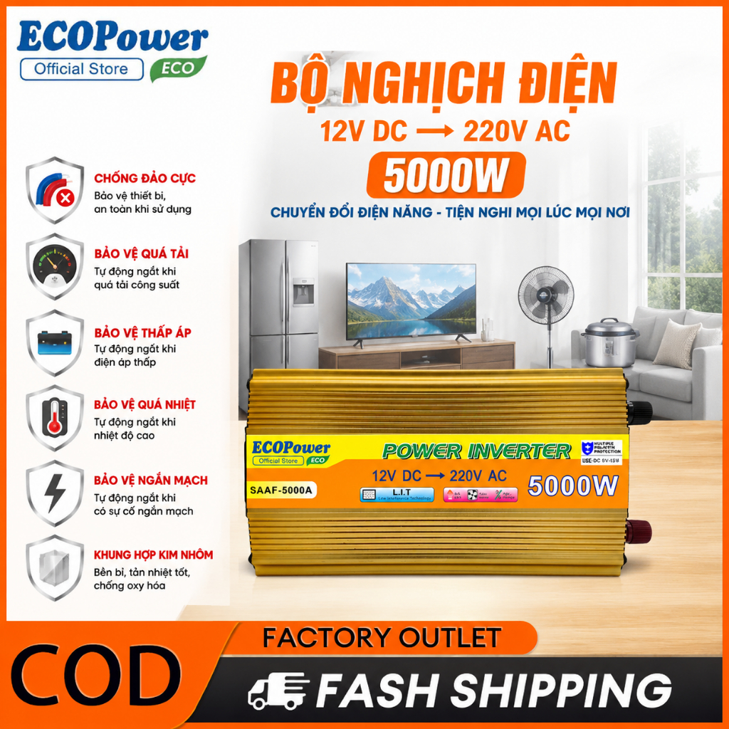 Bộ chuyển đổi điện DC12V 24V to  AC 220V cho hệ thống pin mặt trời gia đình