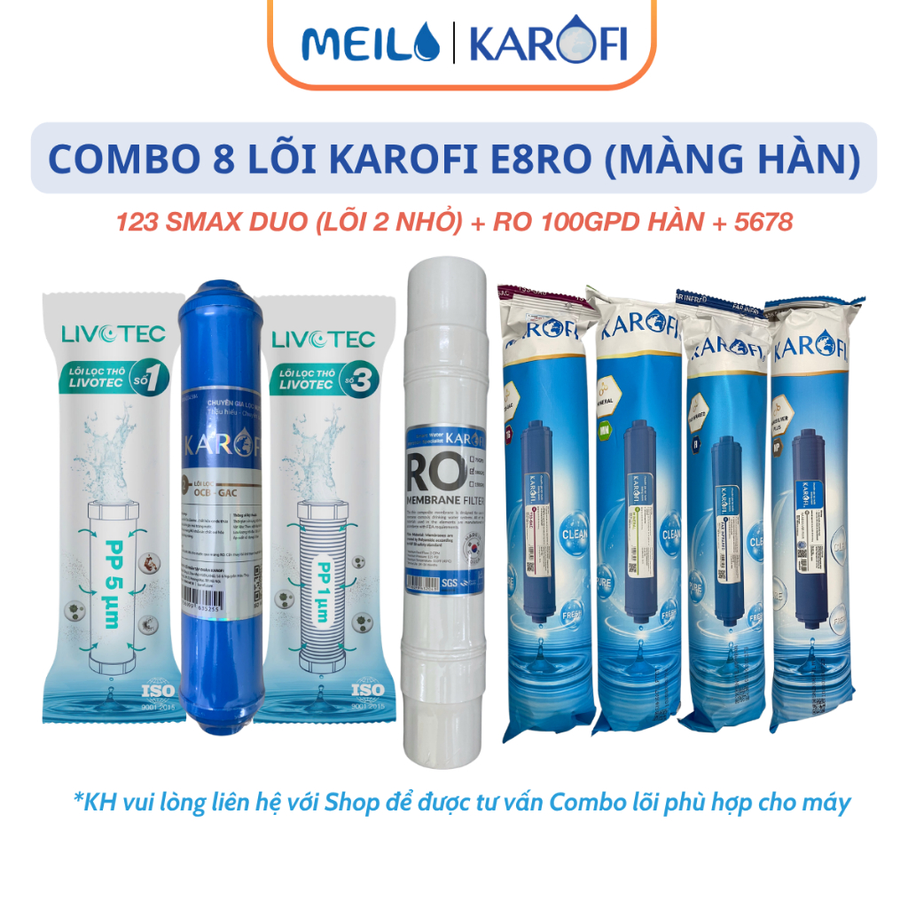 Combo 8 Lõi Lọc Nước KAROFI Dùng Cho Máy Lọc Nước KAROFI E8RO - Màng RO 100GPD đúc Hàn (Màng RO 50GP