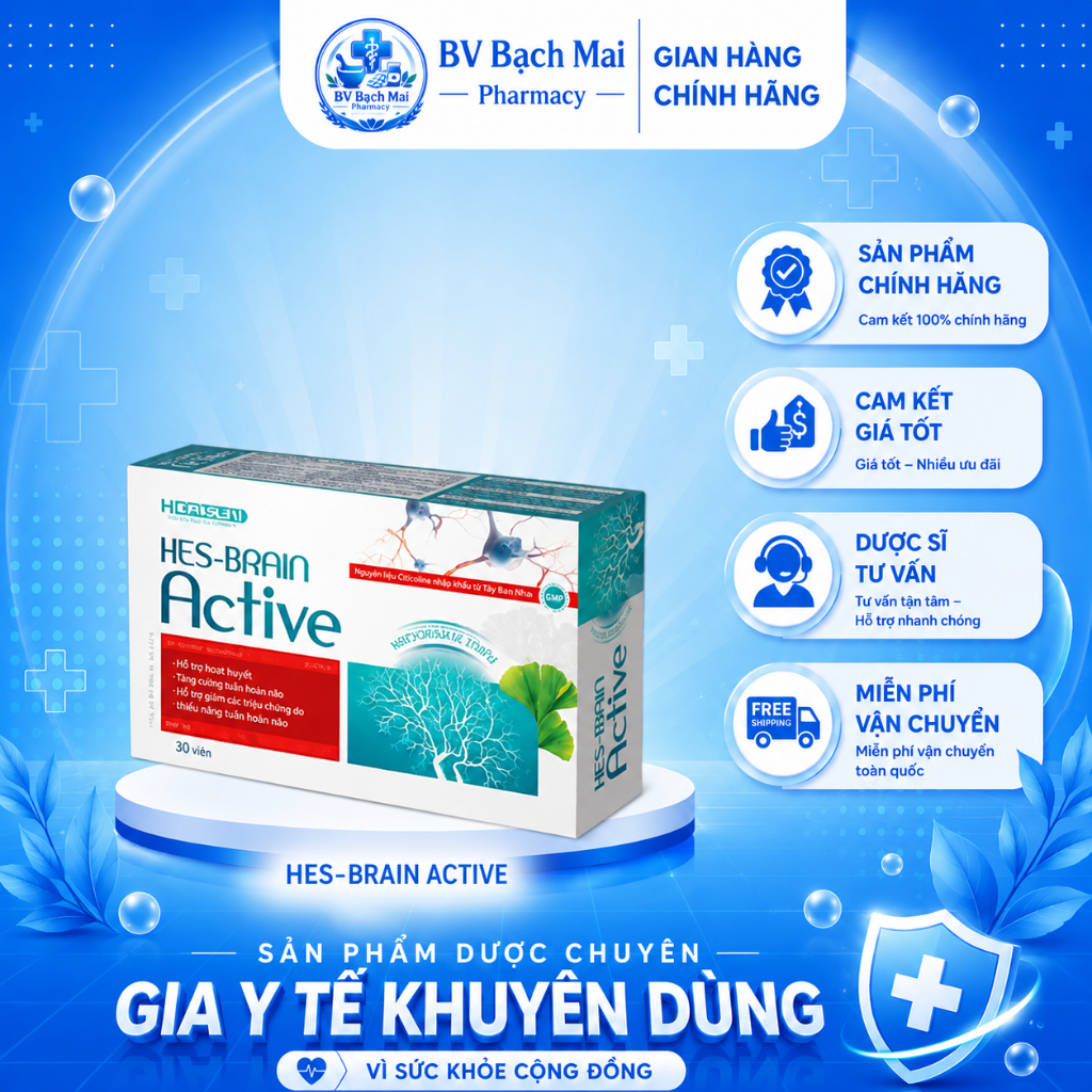 [HÀNG CHUẨN] Viên uống Bổ Não HES-BRAIN ACTIVE - Hỗ trợ Giảm căng thẳng do stress - Hộp 30 viên