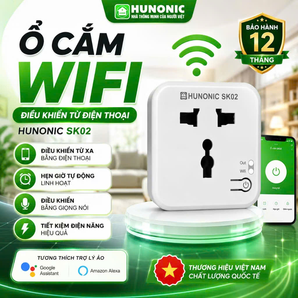 Ổ cắm thông minh wifi Hunonic SK01 SK02 Wifi Điều khiển từ xa qua điện thoại