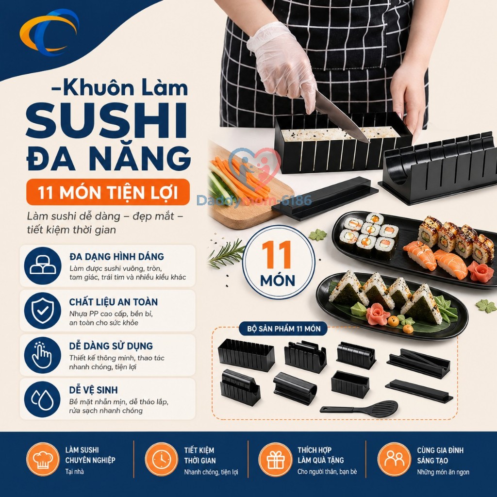Bộ khuôn làm Kimbap 11 món kèm dao đen. Dụng cụ làm cơm cuộn rong biển Kimbap tại nhà. Dễ làm cho cá