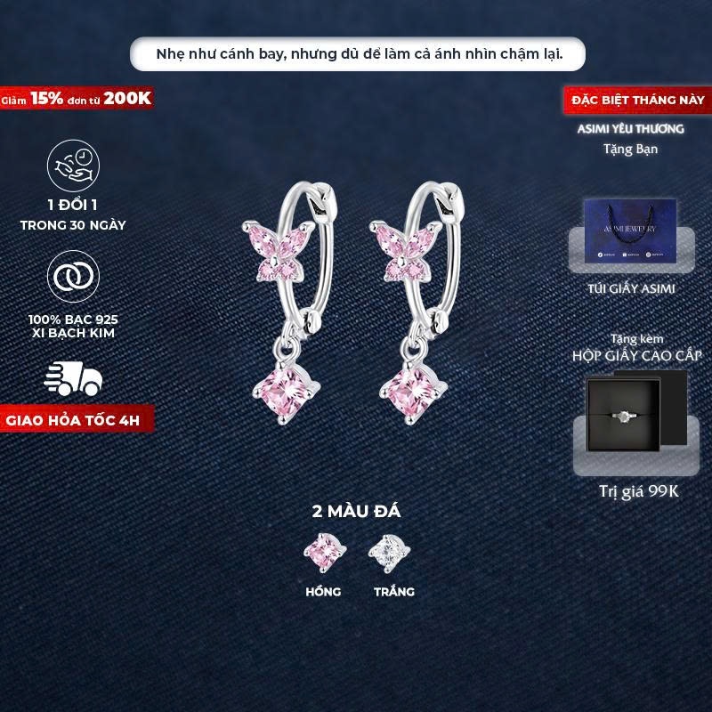 Bông tai bạc Ý S925 khuyên vòng cánh tiên Asimi, bông tai bạc nữ thanh lịch tinh tế Lyra Mariposa KT33