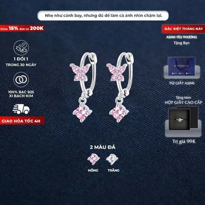 Bông tai bạc nữ S925 Khuyên Vòng Cánh Tiên Asimi Lyra Mariposa KT33
