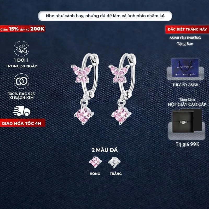 Bông tai bạc nữ S925 Khuyên Vòng Cánh Tiên Asimi Lyra Mariposa KT33 1
