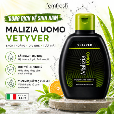 [Malizia] Dung Dịch Vệ Sinh Nam Giới Malizia Uomo Detergente Intimo 200ml Hương Vetiver Nam Tính Dịu Nhẹ Khử Mùi