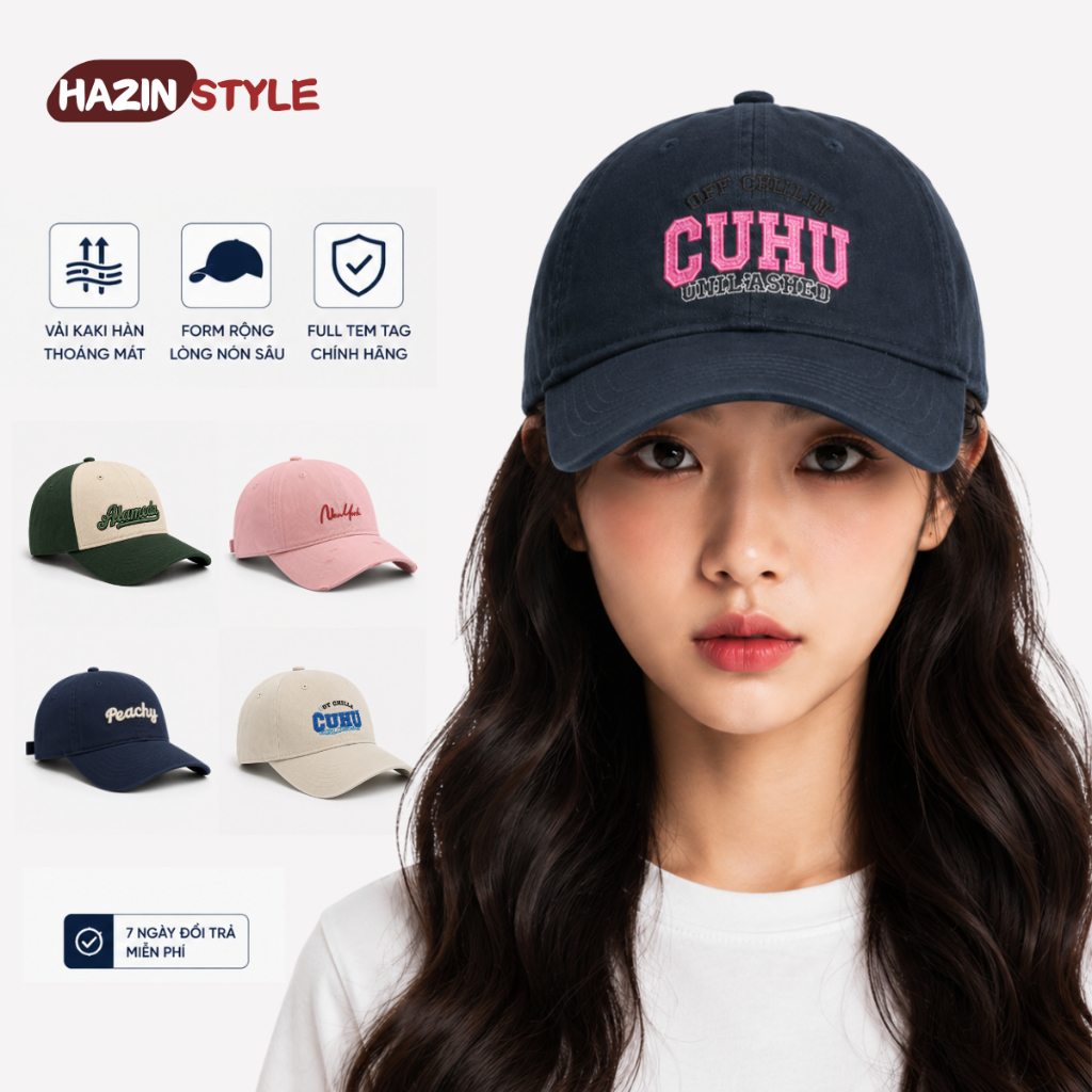 Mũ Lưỡi Trai Nam Nữ HAZIN Form Cứng, Mũ Kaki Thêu Nổi 3D, Nón Kết Hàn Quốc Unisex Thời Trang