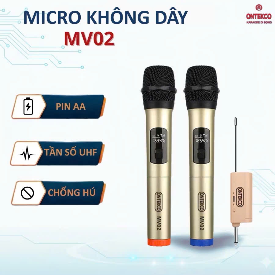 Bộ 02 Micro hát karaoke ONTEKCO MV02 bản nâng cấp MV01, hút âm tốt, chống hú cho loa kéo, dàn âm tha