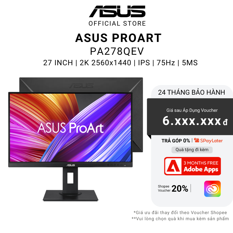 Màn hình ASUS ProArt PA278QEV 27" | 2K WQHD IPS | 75Hz 5ms | 16:9 100% sRGB, 100% Rec. 709 ΔE< 2