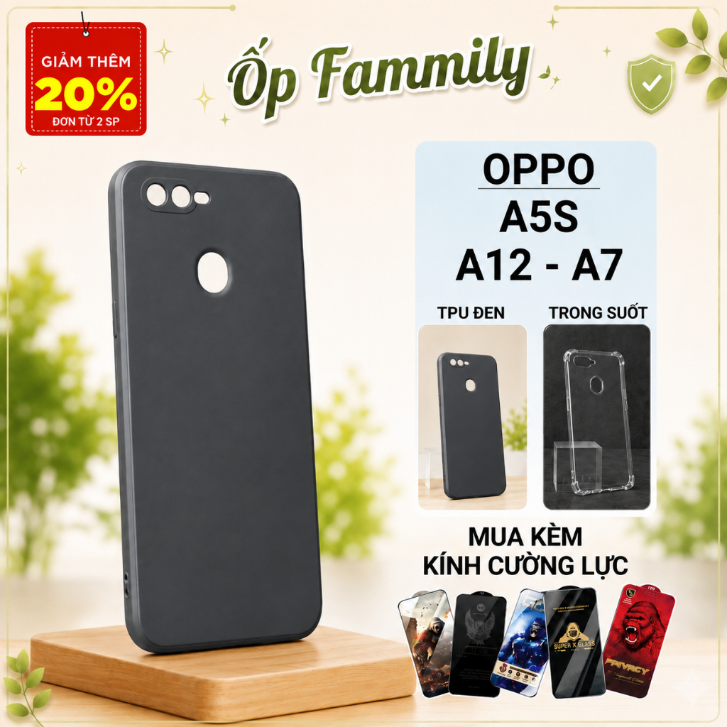 Ốp lưng Oppo A5S, A12, A7 Ốp Family trơn màu đen | Ốp điện thoại Oppo dẻo bảo vệ camera đt toàn diện