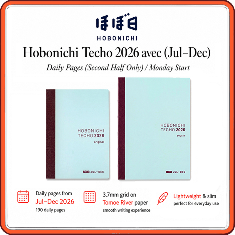 Hobonichi Techo 2026 Avec Original A6 & Cousin A5 Japanese Version [1 page per day (second half only