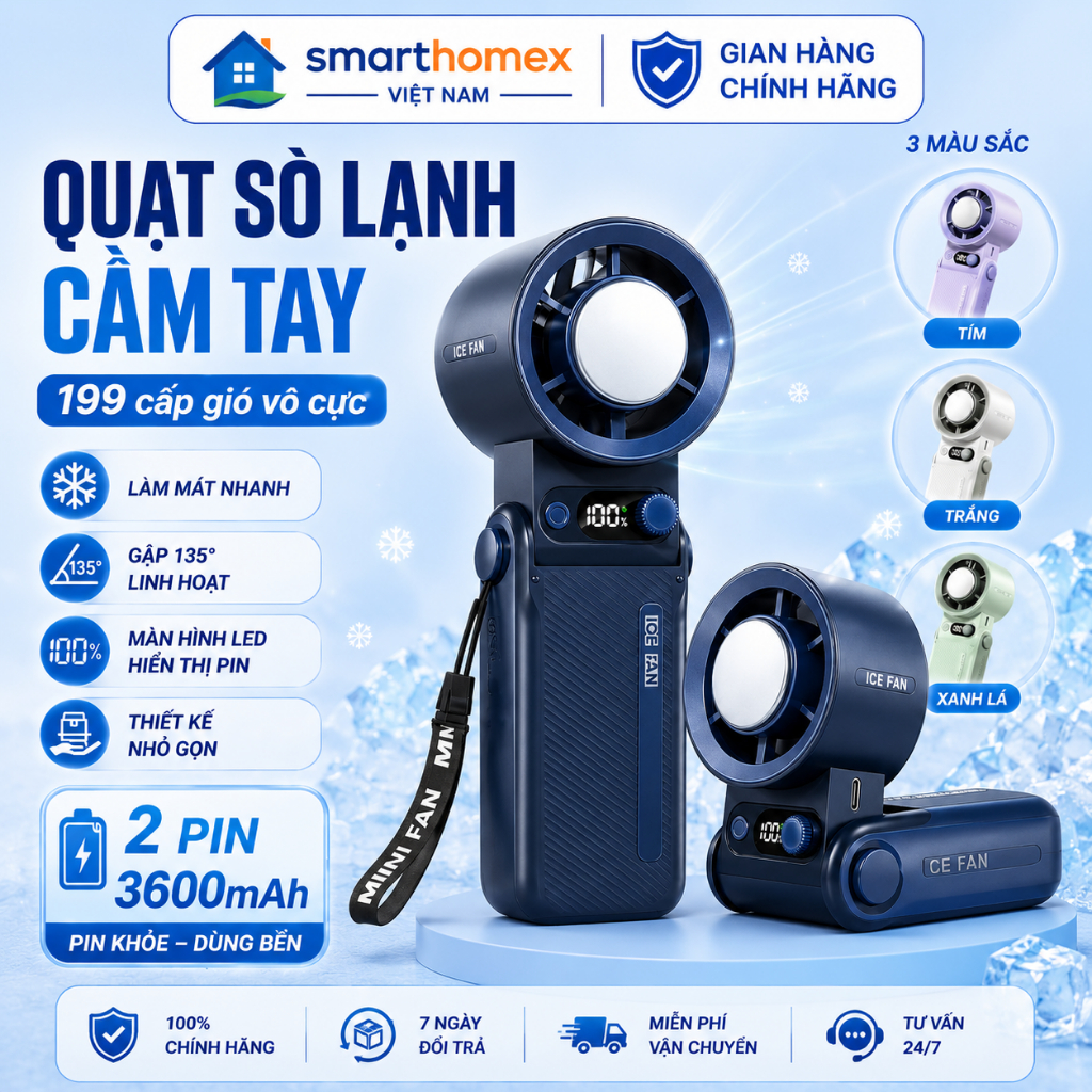 Quạt Sò Lạnh JF168 – 199 Cấp Gió – Pin 3600mAh Siêu Trâu – Mini Cầm Tay Gấp Gọn