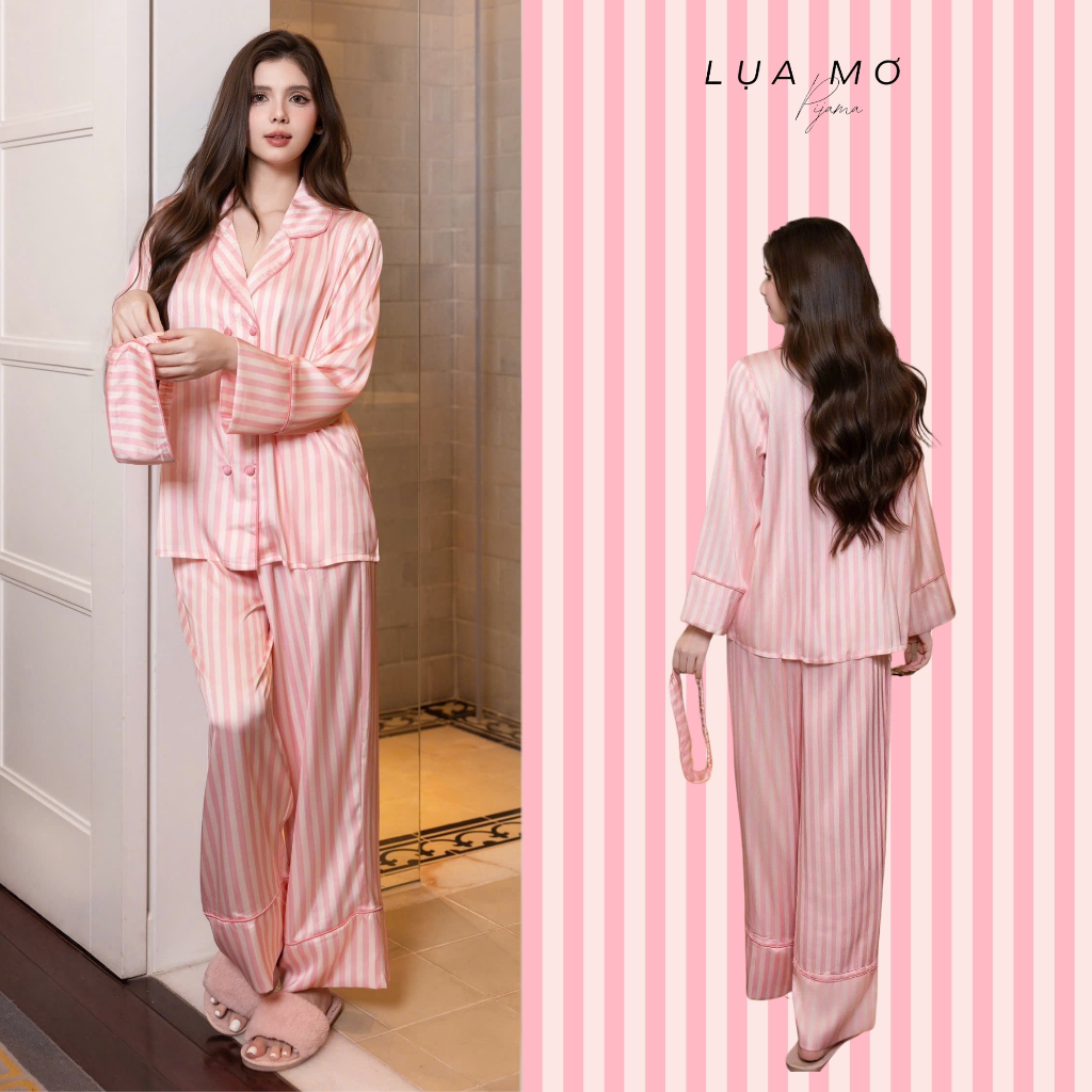 [Đặt trước] Pijama Tiểu Thư Form Vest Họa Tiết Sọc Hồng Vải Lụa Latin Cao Cấp - Đồ bộ Lụa Mơ LM143