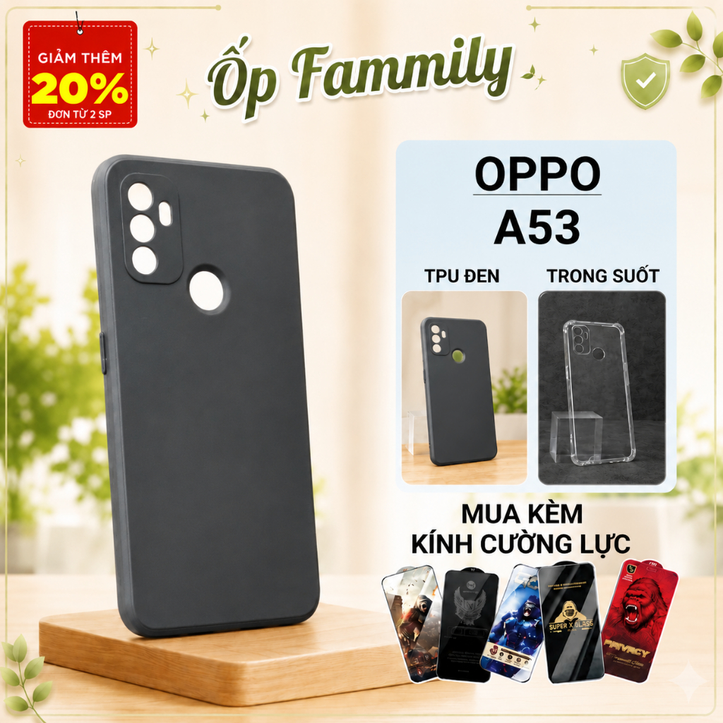Ốp lưng Oppo A53 Ốp Family trơn màu đen | Ốp điện thoại Oppo dẻo bảo vệ camera đt toàn diện