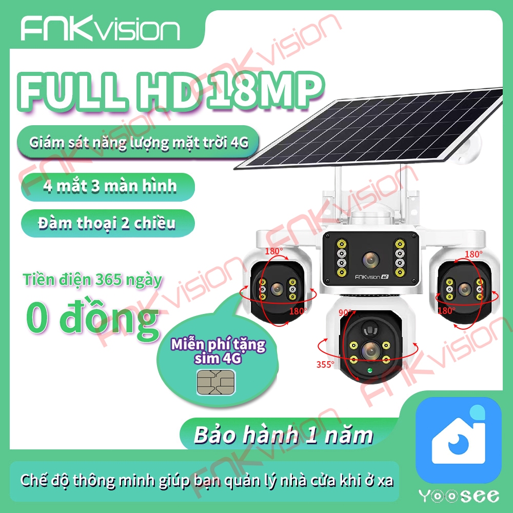 [Fnkvision]CAMERA YOOSEE 18MP 3 MẮT NĂNG LƯỢNG MẶT  TẶNG KÈM SIM4G FHD - XOAY 350 ĐỘ - ĐÀM THOẠI 2 C
