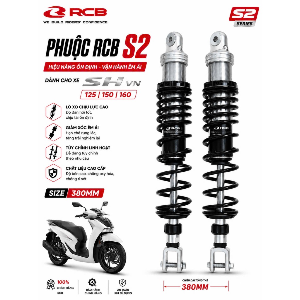 Phuộc Sau RCB Dành Cho SH Việt Nam 125 / 150 / 160 ( Mẫu S2 / Size : 380MM / Lò Xo Đen ) Hàng Chính 