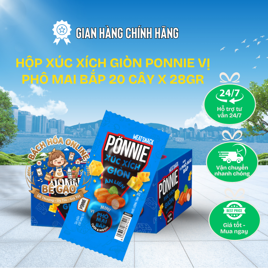 Hộp 20 Cây Hotdog Ponnie Giòn Ăn Liền Vị Phô Mai Bắp 28gr