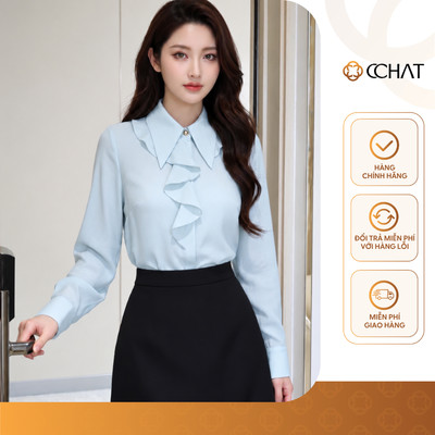 Áo Sơ Mi Nữ 𝐂𝐂𝐇𝐀𝐓 Dáng Suông Bèo Sóng Elia Cổ Nhọn Chất Liệu Voan Mềm Mại 16FDV2119ST