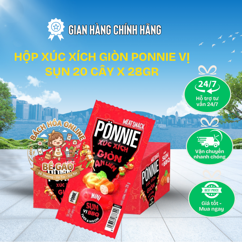 Hộp 20 Cây Hotdog Ponnie Giòn Ăn Liền Vị Sụn BBQ 28gr