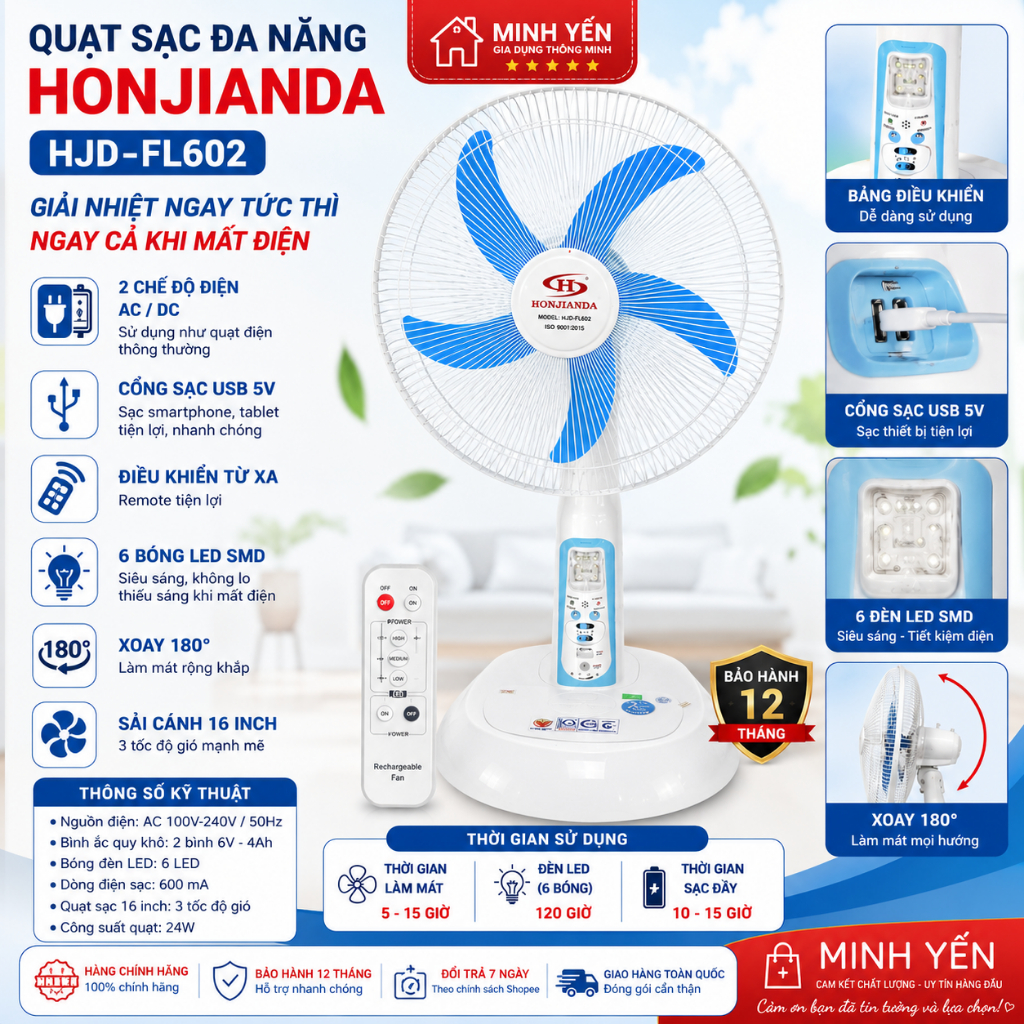 Quạt Sạc Tích Điện Honjianda HJD-FL602 16 Inch - Có Remote - 6 Đèn LED - USB Sạc Điện Thoại