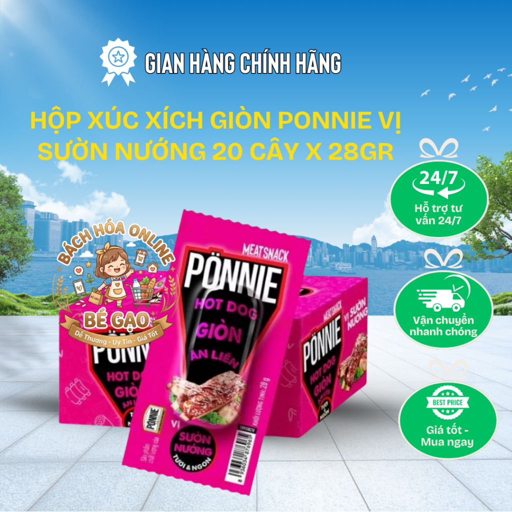 Hộp 20 Cây Hotdog Ponnie Giòn Ăn Liền Vị Sườn Nướng 28gr